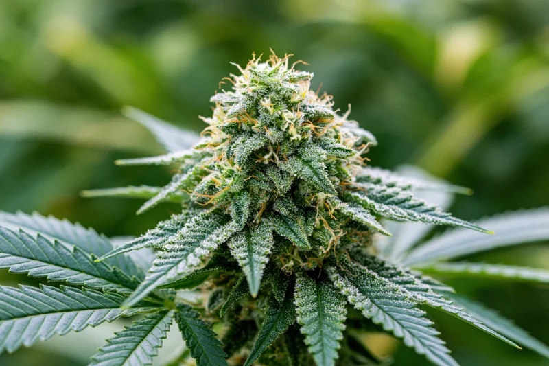 Close-up of a mature cannabis flower bud with frosty trichomes and serrated leaves in a green plant setting