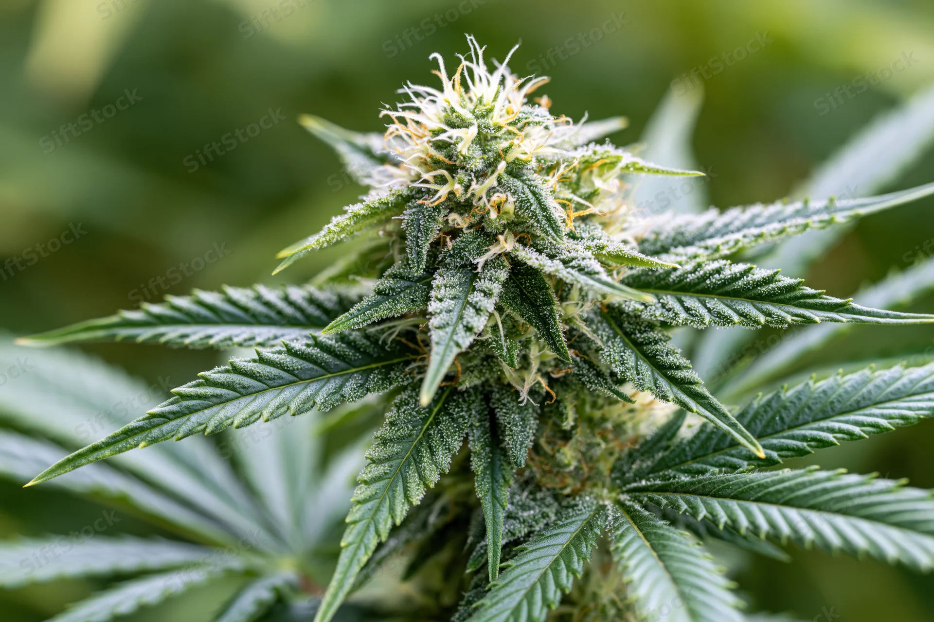 Close-up of a mature cannabis flower bud with visible trichomes and surrounding leaves in a garden setting