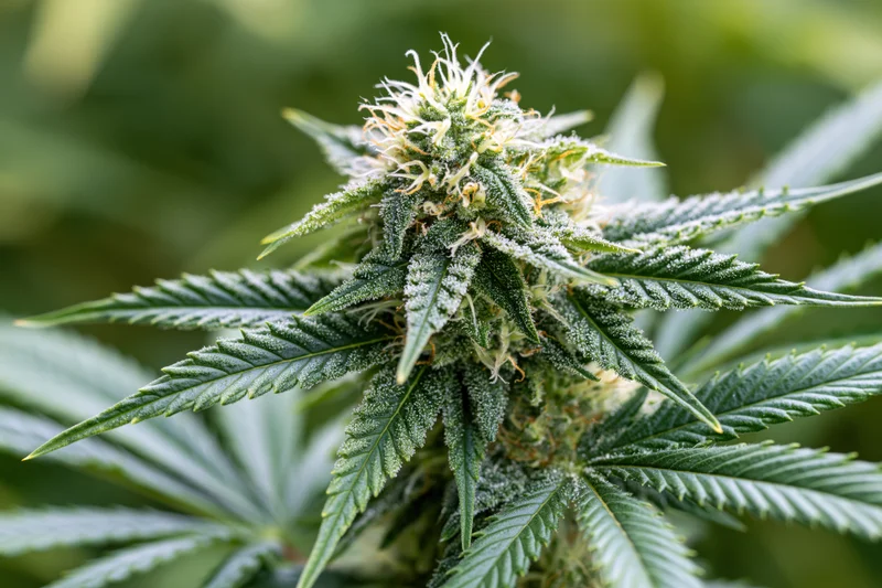Close-up of a mature cannabis flower bud with visible trichomes and surrounding leaves in a garden setting