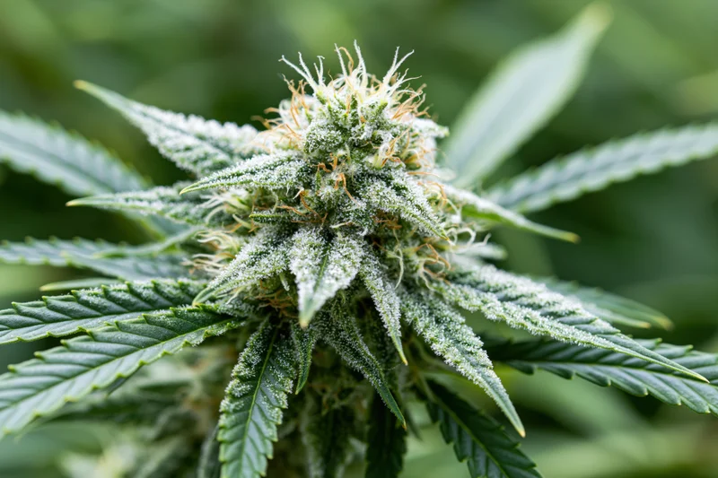 Close-up of a mature cannabis flower bud with visible trichomes and pistils surrounded by green leaves