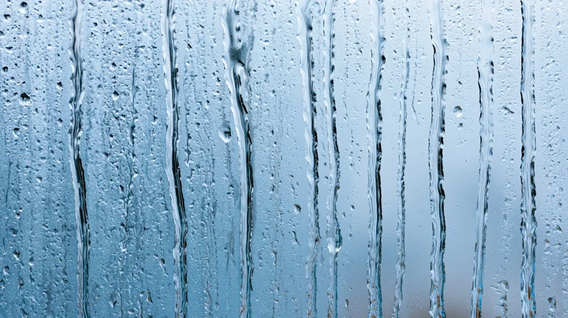 Raindrops streaking down a glass window surface in close-up view