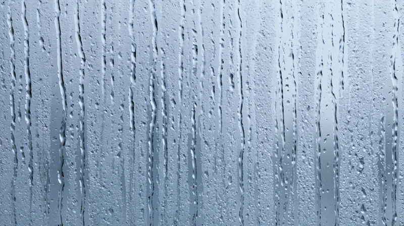 Raindrops streaking down a glass window surface in a close-up view