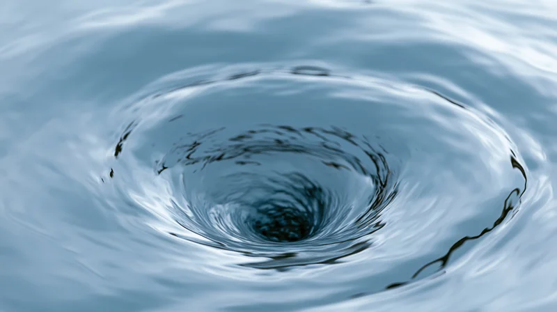 Close-up of a spinning water vortex forming concentric ripples on a calm surface
