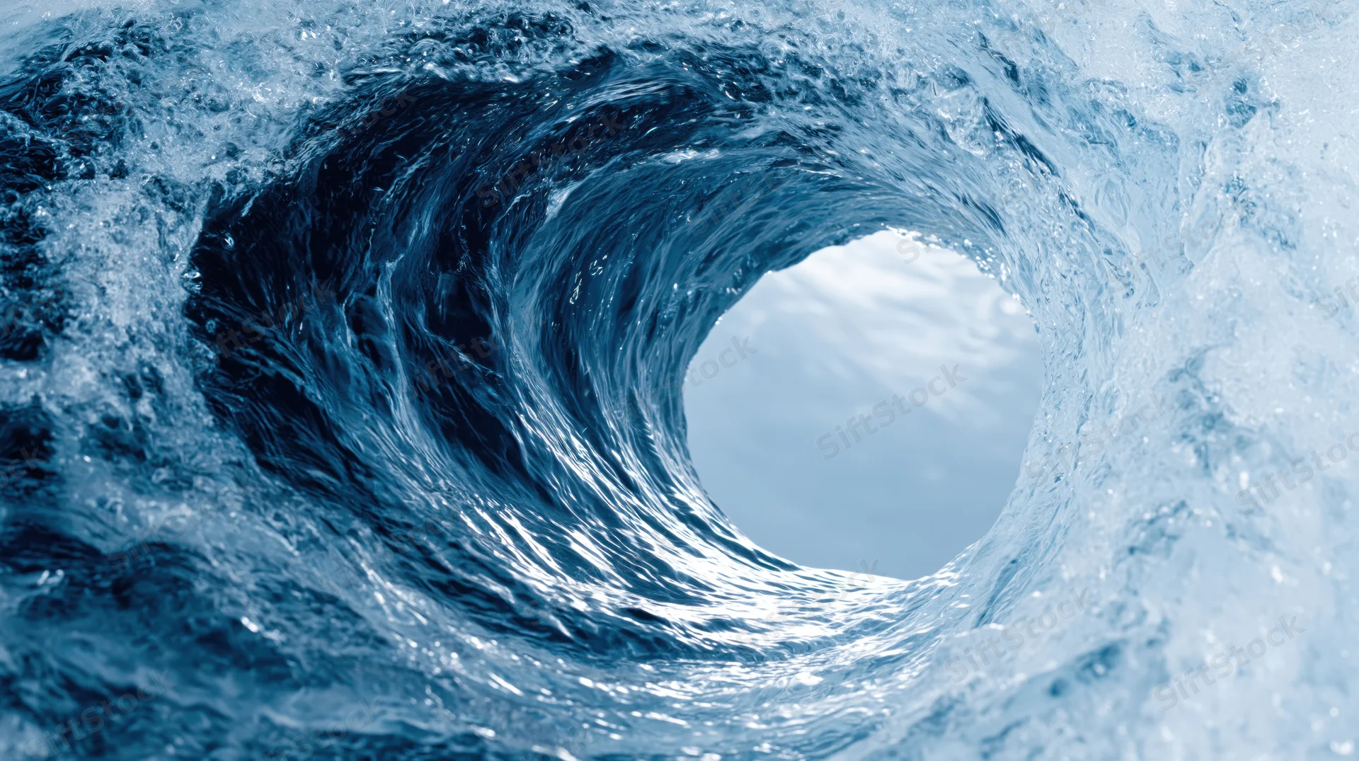 Close-up view of a curling ocean wave forming a hollow tube with visible spray and foam