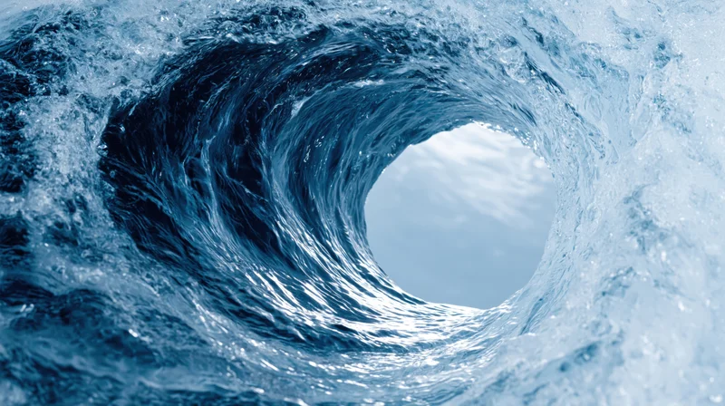 Close-up view of a curling ocean wave forming a hollow tube with visible spray and foam