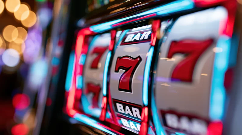 Close-up of a slot machine reel showing red lucky sevens and bar symbols illuminated by neon lights in a casino setting