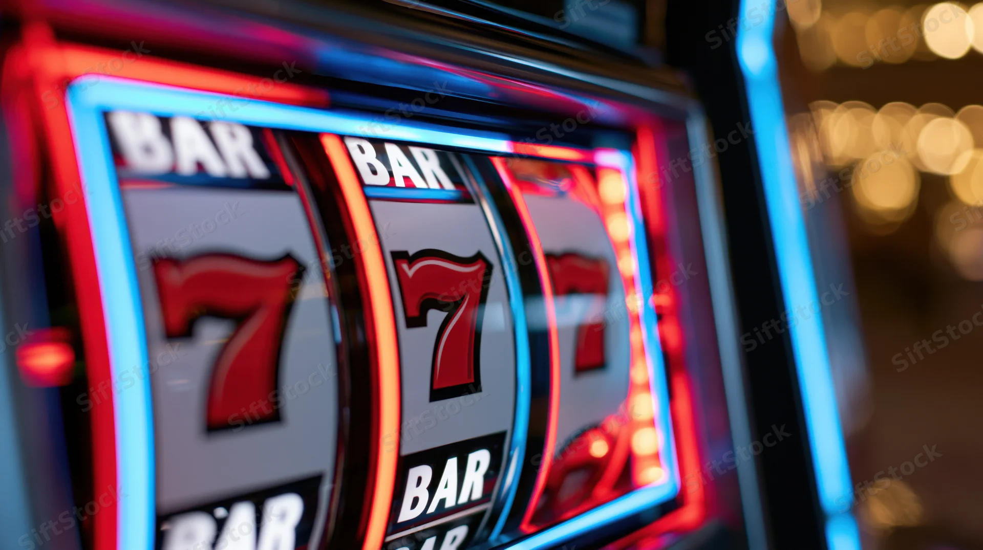 Close-up of a slot machine reel showing red lucky sevens and bars illuminated by neon lights in a casino setting
