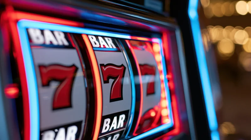 Close-up of a slot machine reel showing red lucky sevens and bars illuminated by neon lights in a casino setting