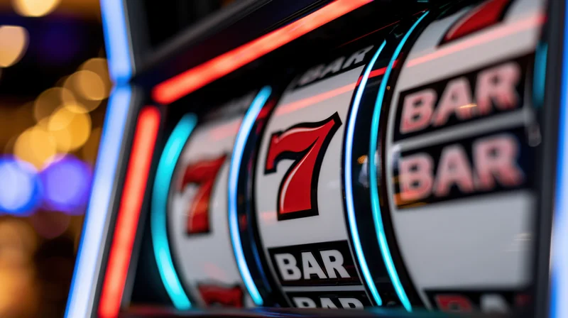 Close-up of a casino slot machine reel showing red lucky sevens and bars with neon lights