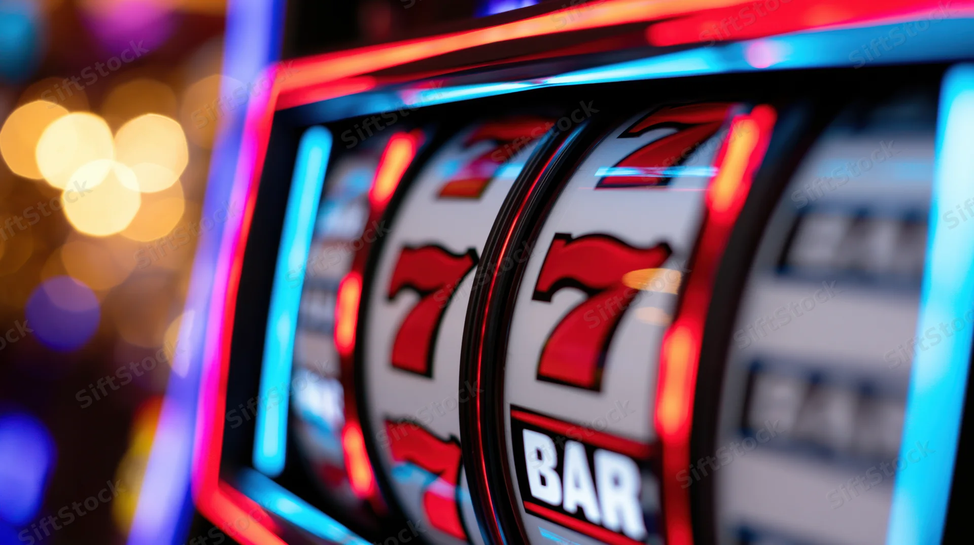 Close-up of spinning slot machine reels showing red lucky sevens and bar symbols in a casino setting