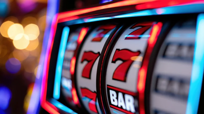 Close-up of spinning slot machine reels showing red lucky sevens and bar symbols in a casino setting