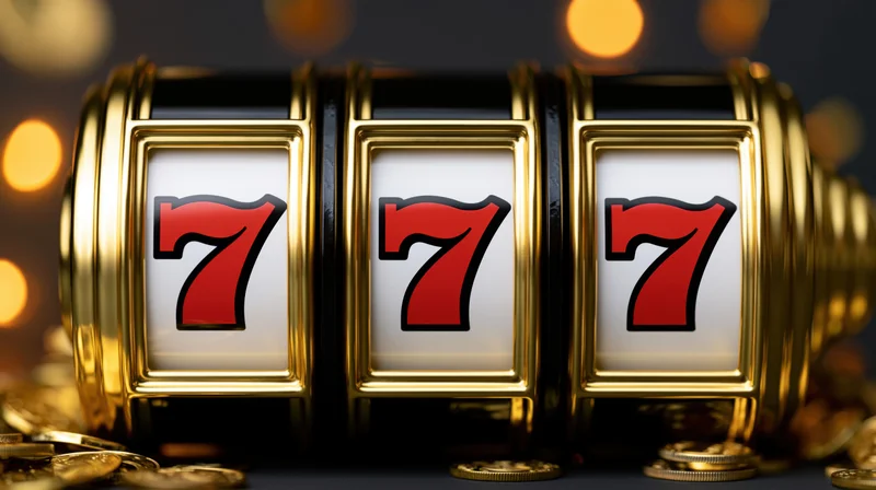 Close-up of a slot machine reel showing triple red sevens surrounded by gold coins