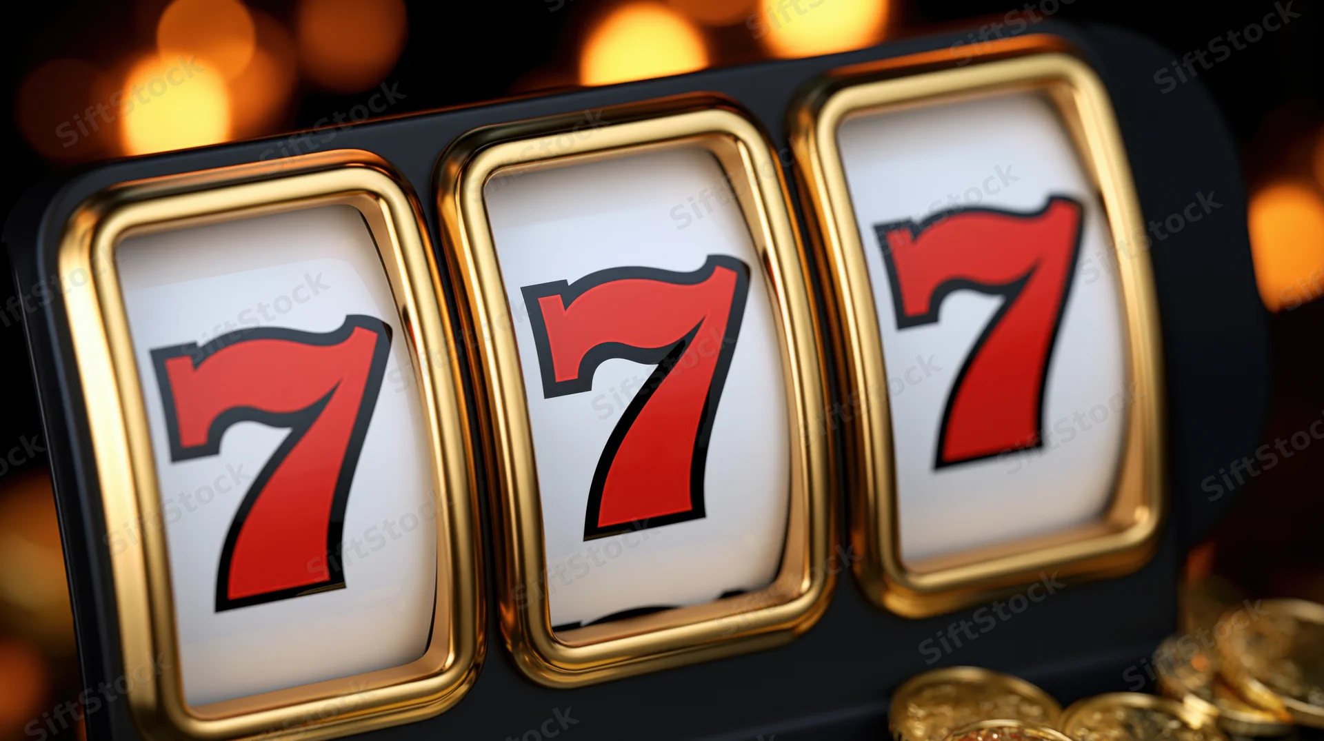 Close-up of a slot machine showing triple sevens with gold coins and glowing lights in the background