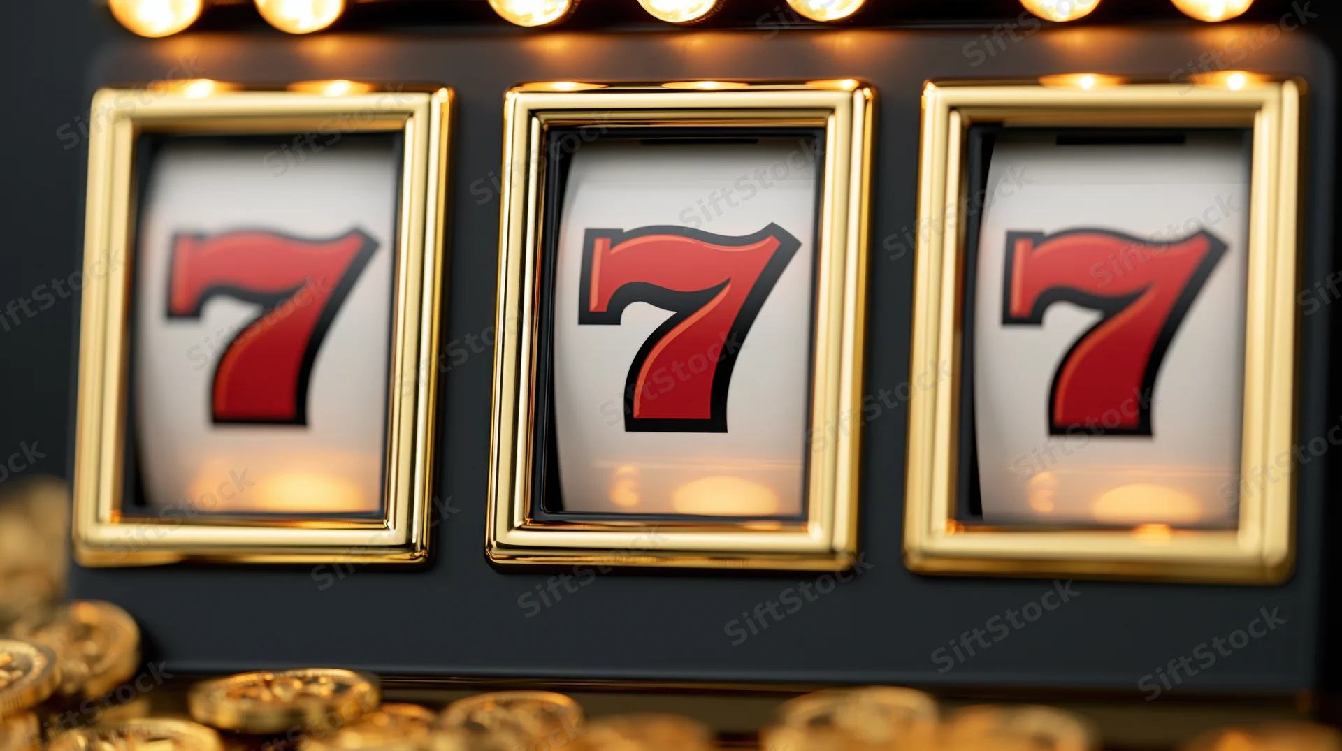 Close-up of a slot machine showing triple red sevens with gold coins and lights around