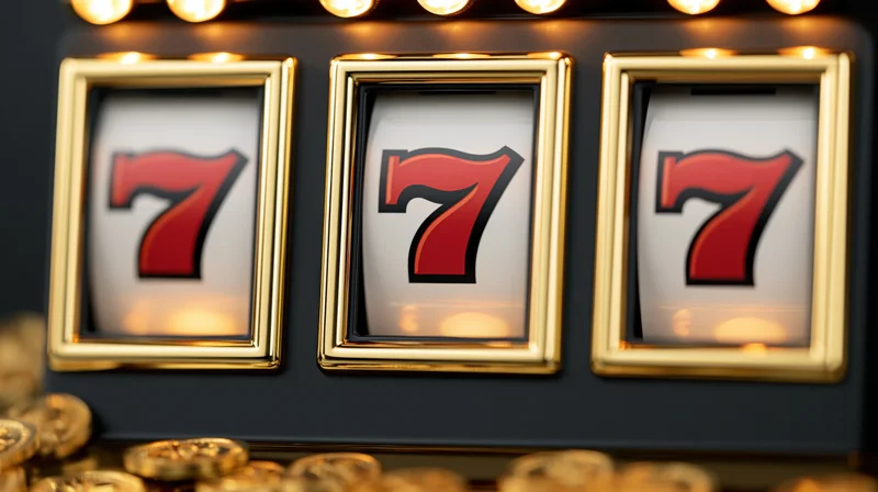 Close-up of a slot machine showing triple red sevens with gold coins and lights around
