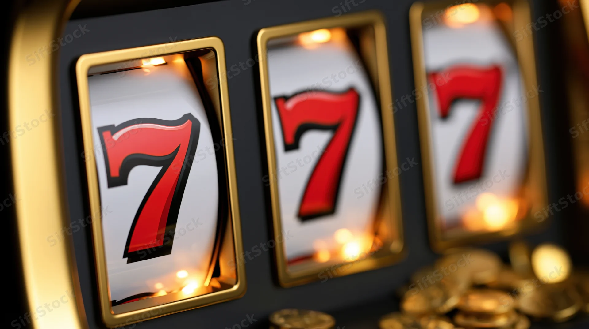 Close-up of a slot machine showing three red sevens with gold coins and glowing lights