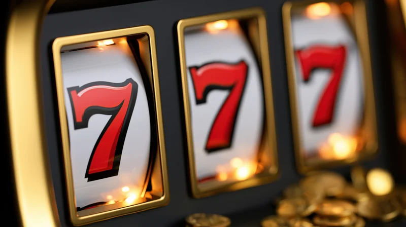 Close-up of a slot machine showing three red sevens with gold coins and glowing lights