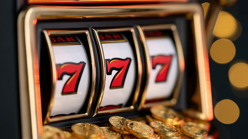 Close-up of a slot machine showing triple sevens with gold coins at the bottom