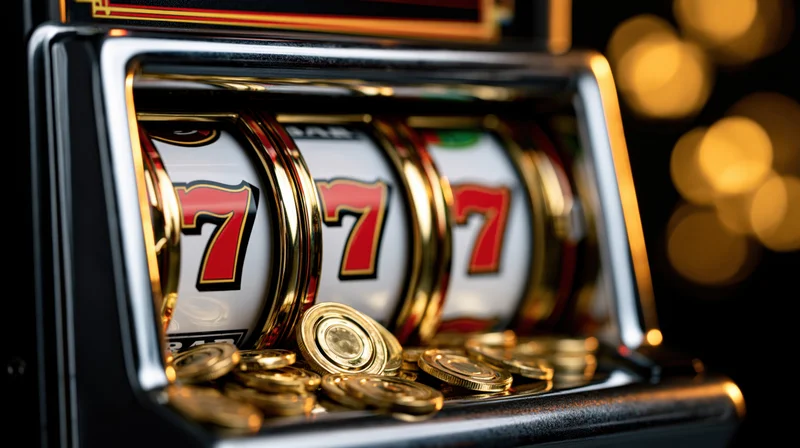 Close-up of a slot machine showing triple sevens with coins in the payout tray