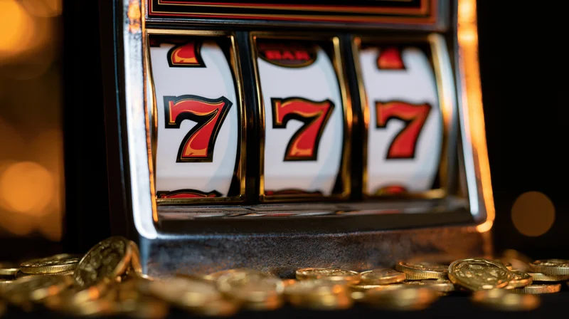Close-up of a slot machine showing triple sevens with gold coins scattered in front