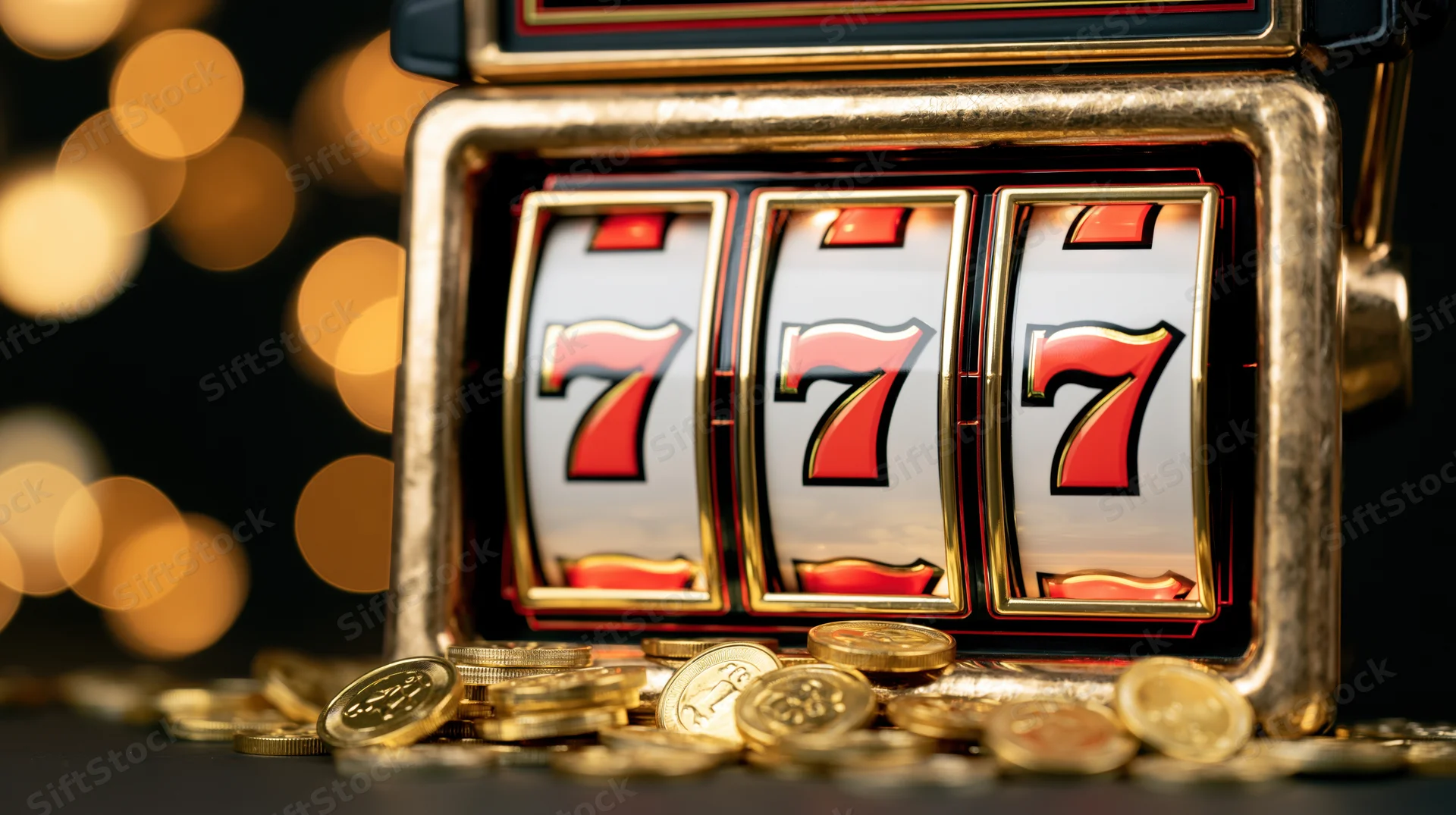 Close-up of a vintage slot machine showing triple sevens with gold coins scattered in front