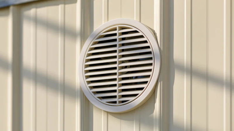 Circular ventilation grille mounted on cream-colored exterior wall of a residential building