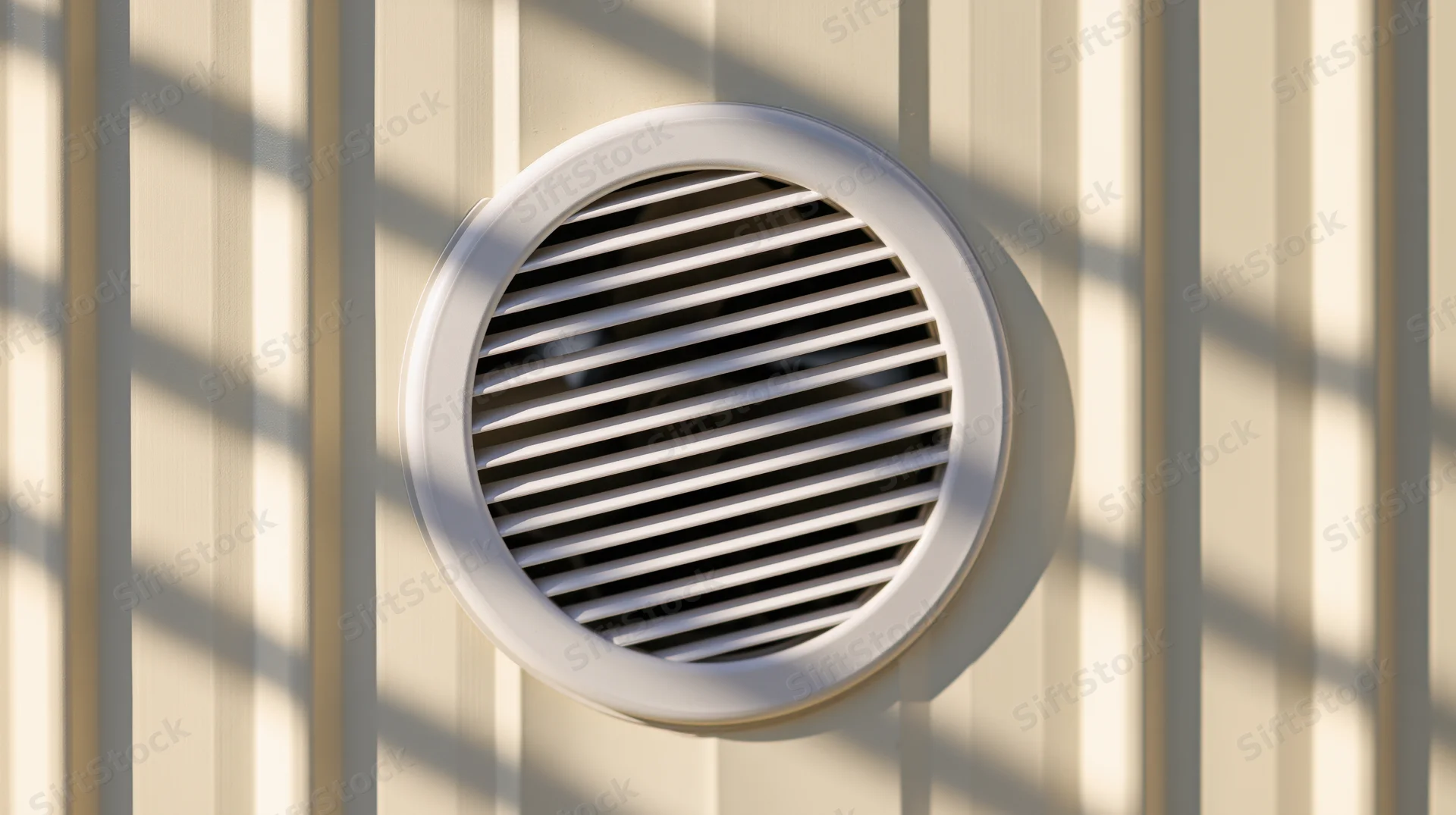 Circular white ventilation grille mounted on cream-colored striped wall with sunlight casting shadows