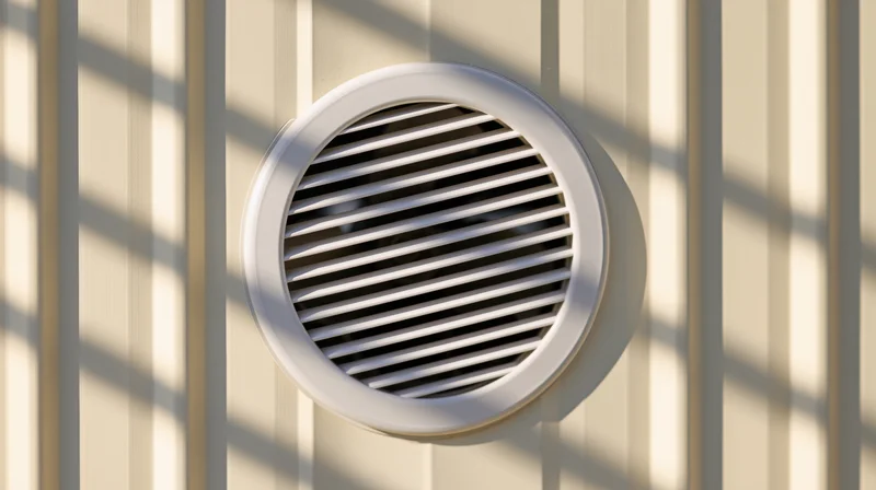 Circular white ventilation grille mounted on cream-colored striped wall with sunlight casting shadows
