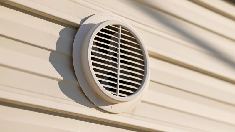 Circular ventilation grille mounted on cream-colored house siding in sunlight