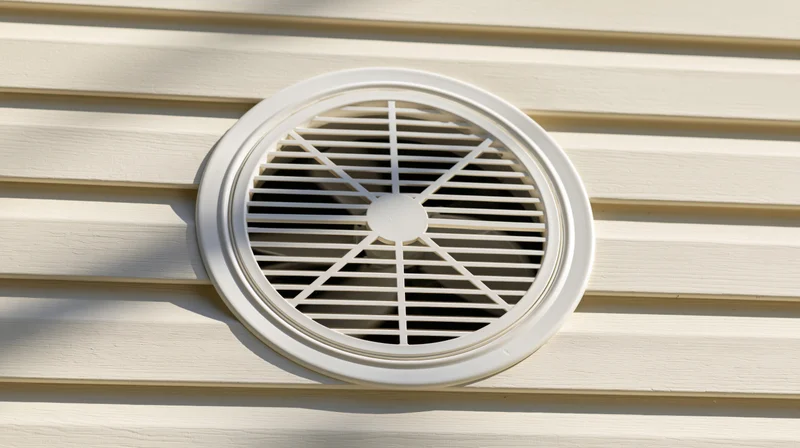 Circular ventilation grille mounted on cream-colored horizontal siding of a house exterior