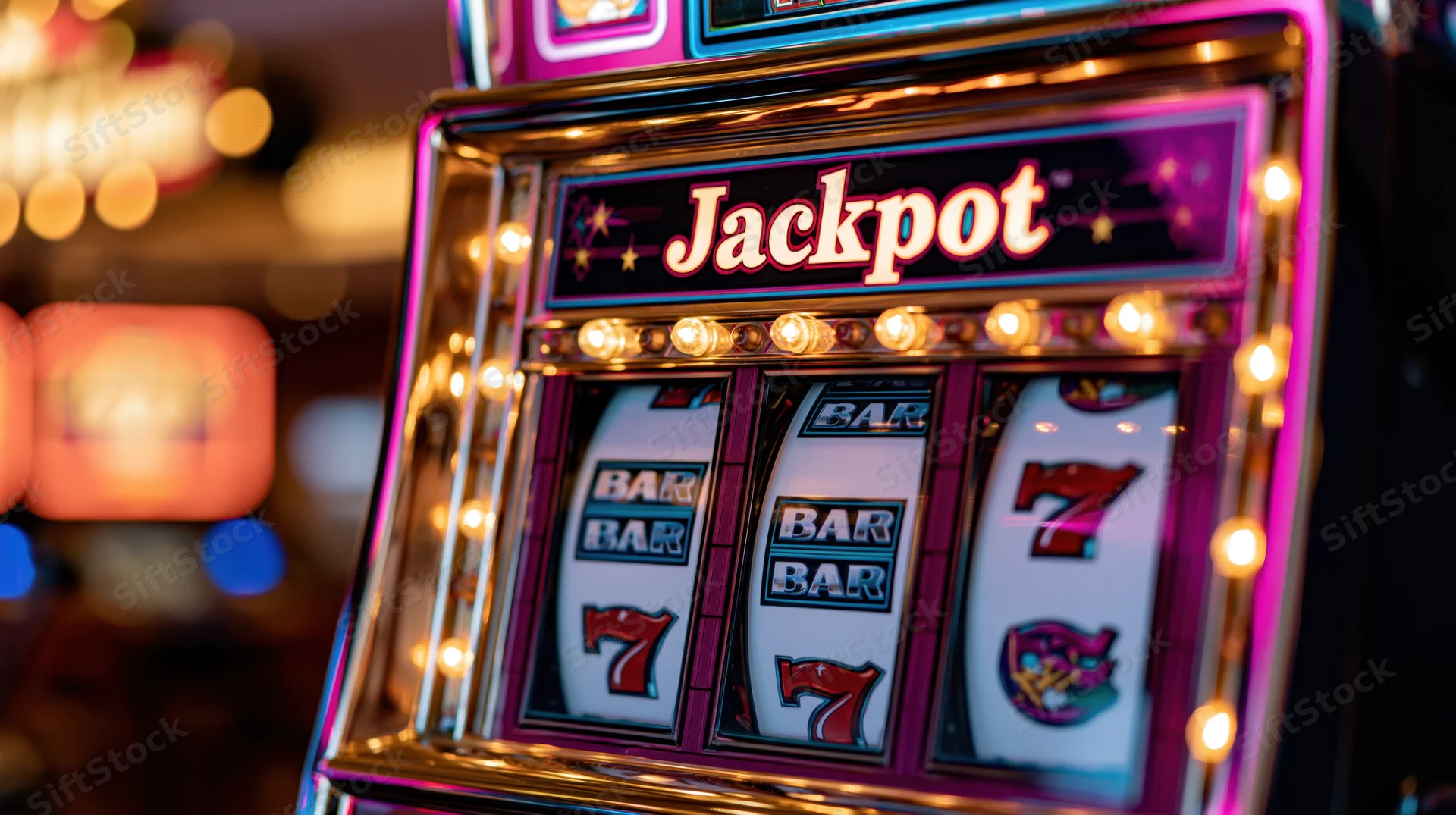 Close-up of a classic slot machine with spinning reels and glowing jackpot sign in a casino interior