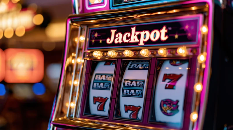 Close-up of a classic slot machine with spinning reels and glowing jackpot sign in a casino interior