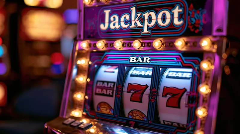 Close-up of a classic slot machine with spinning reels showing three sevens and jackpot sign lit up in a casino setting