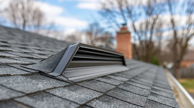 Close-up of a dark metal ridge vent installed on an asphalt shingle roof with chimney and trees in background