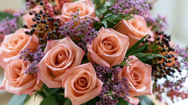 Close-up of a lush bouquet of salmon-pink roses mixed with purple lilac and dark berries and green foliage