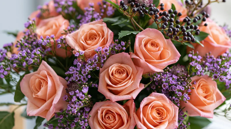Close-up of a lush bouquet of salmon-pink roses mixed with purple filler flowers and greenery