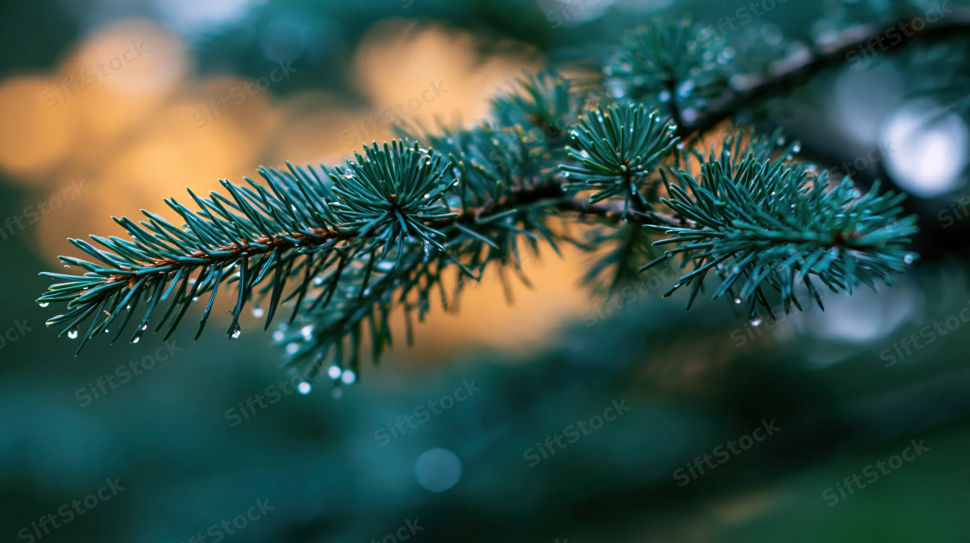 Close-up of a pine branch with water droplets on needles against a blurred golden background