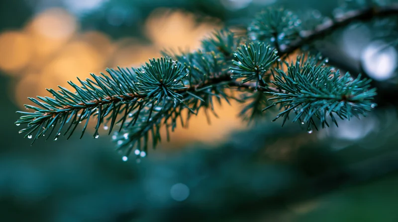 Close-up of a pine branch with water droplets on needles against a blurred golden background