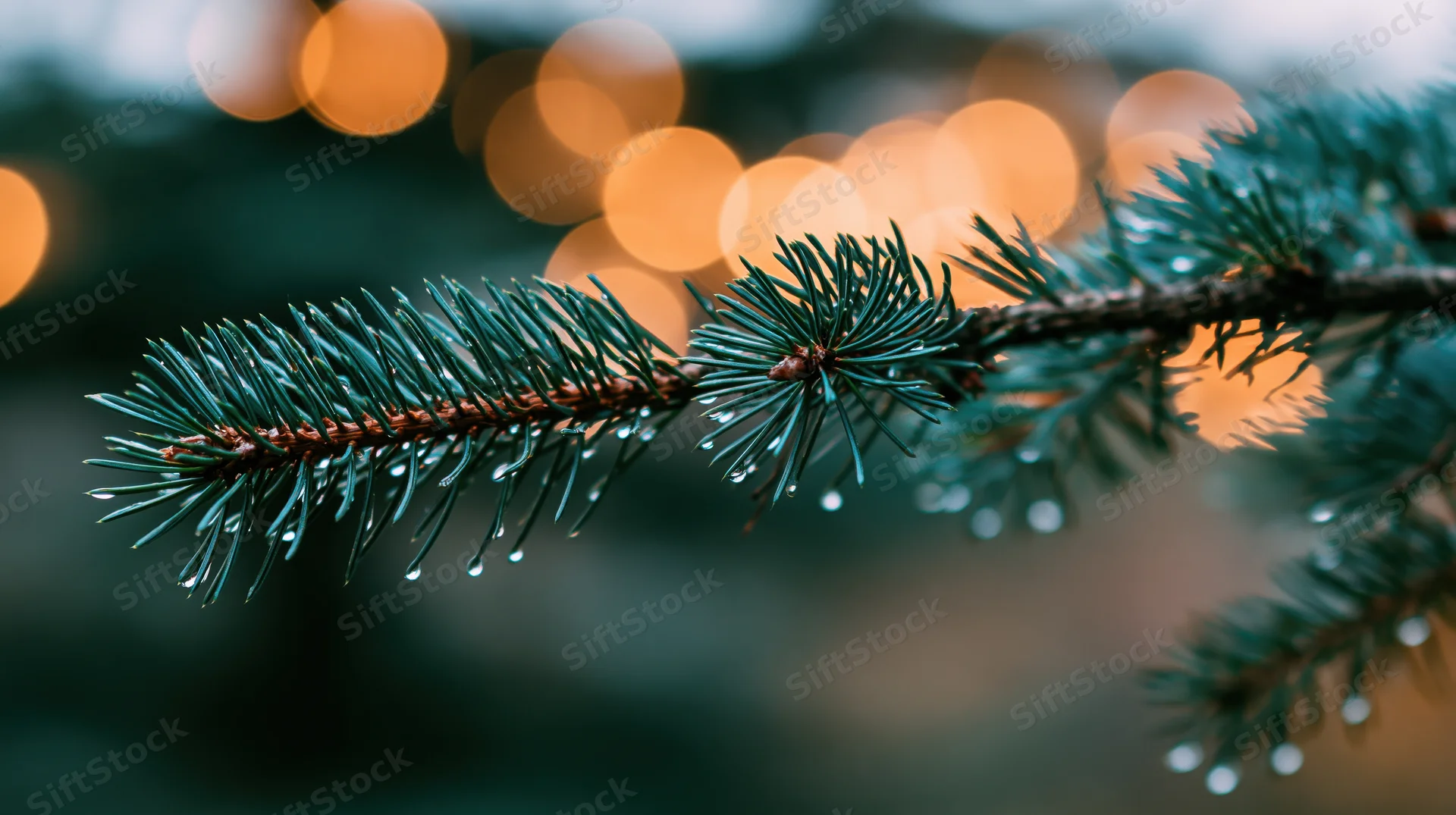 Pine branch with water droplets on needles against blurred warm lights