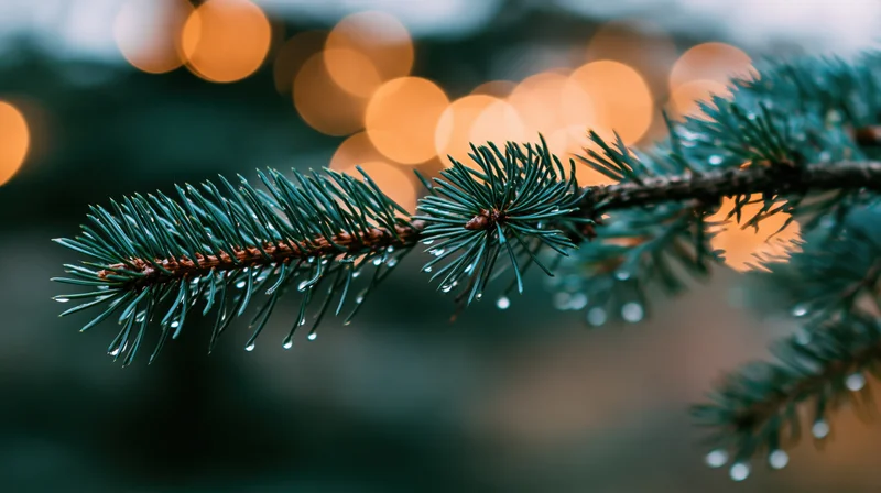 Pine branch with water droplets on needles against blurred warm lights