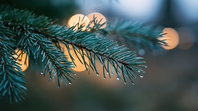 Pine branch with water droplets on needles against blurred warm lights