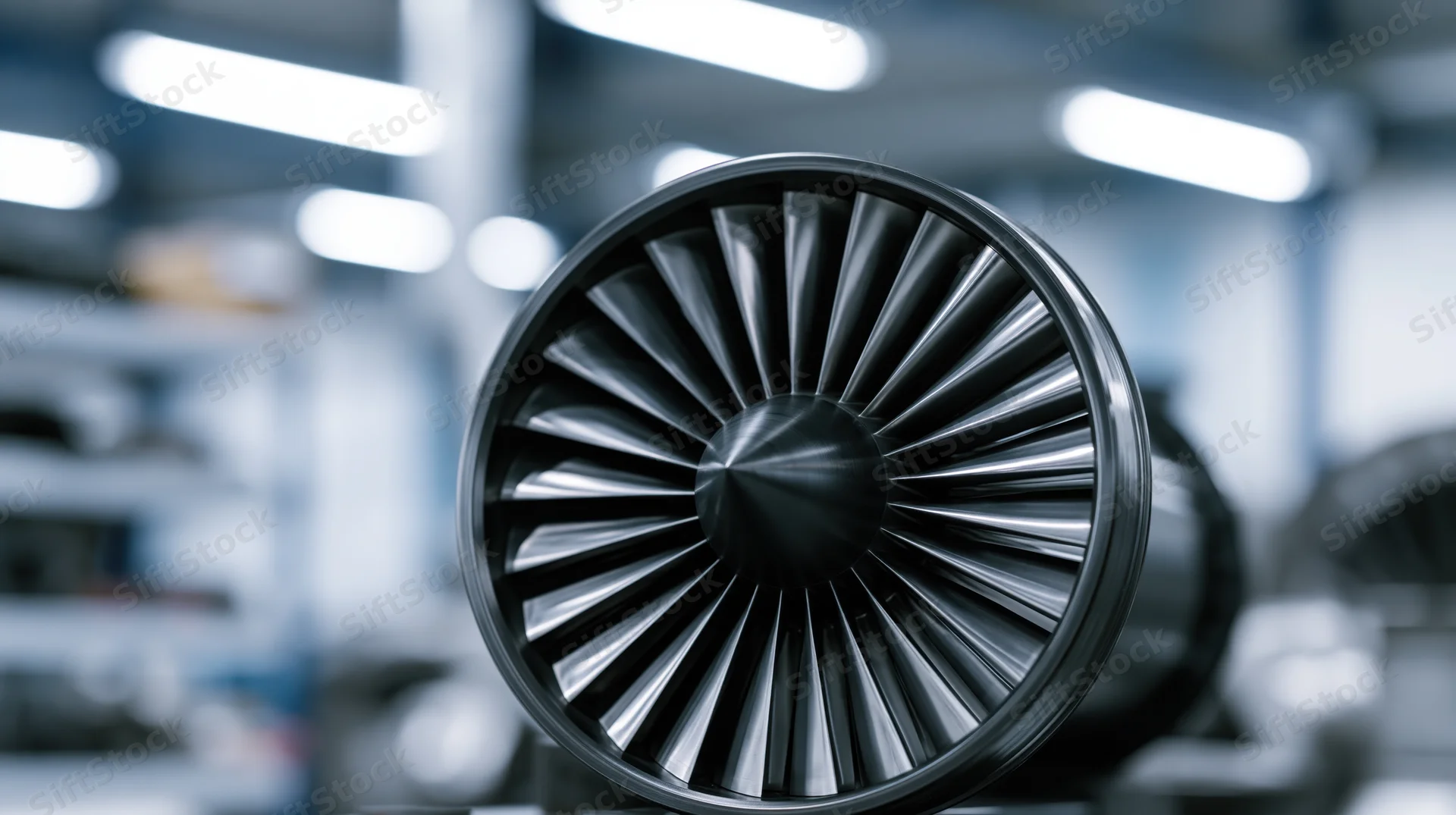 Close-up of a jet engine turbine fan in a workshop setting