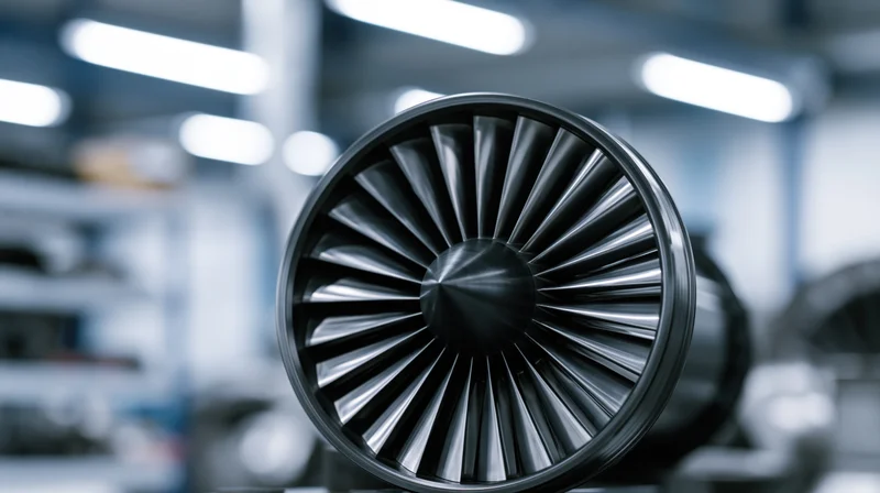 Close-up of a jet engine turbine fan in a workshop setting
