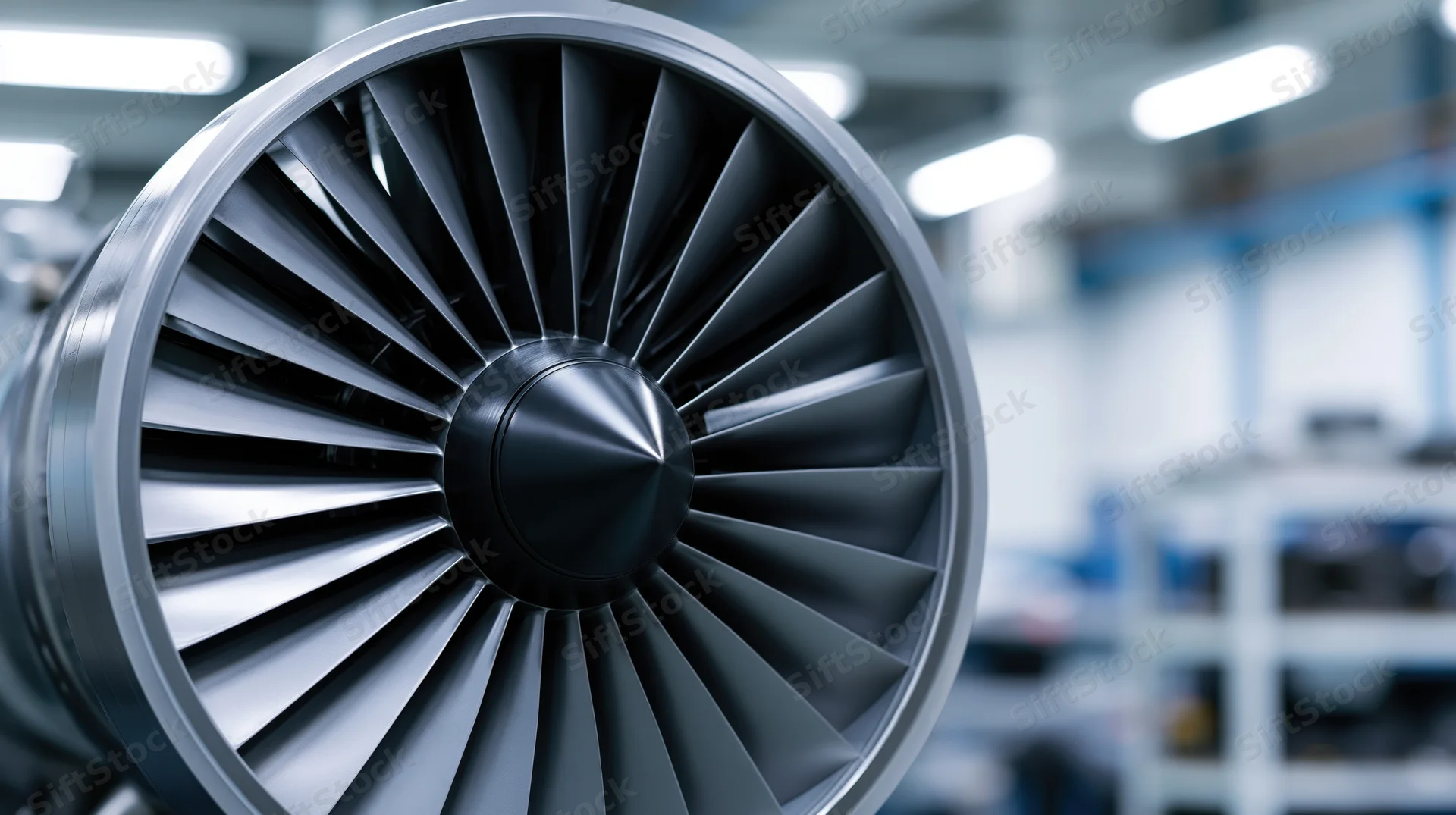 Close-up of a jet engine turbine fan intake in a workshop interior