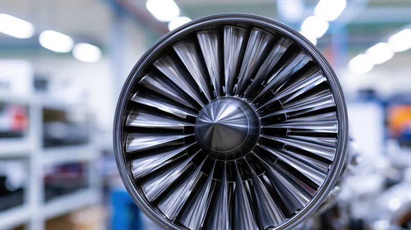 Close-up of a jet engine turbine fan intake in a factory workshop