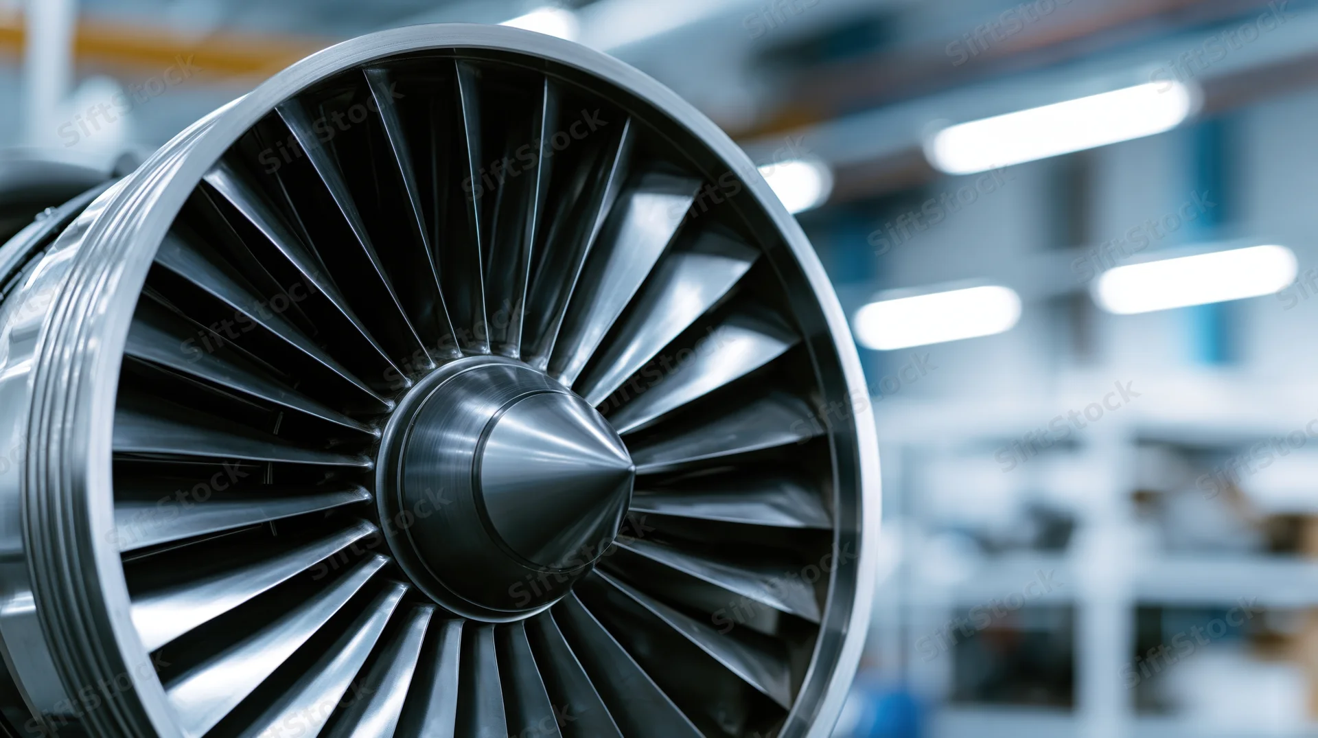 Close-up of a jet engine turbine fan in a factory workshop