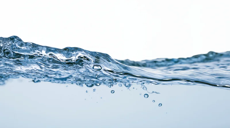 Close-up of a water surface mid-splash wave cresting from left with bubbles and ripples against white background