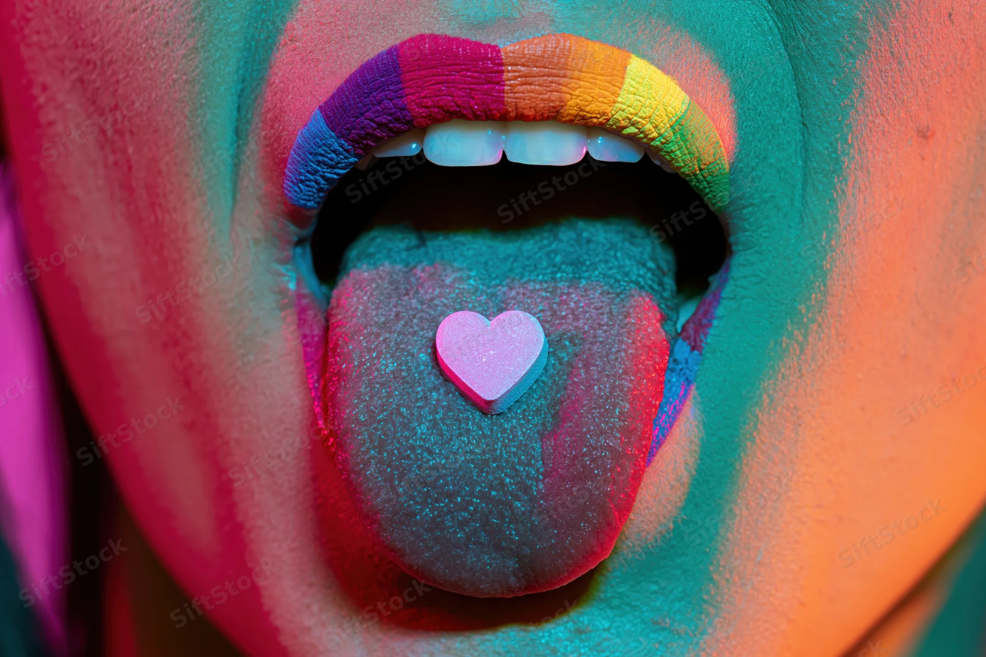 Woman with open mouth and extended tongue holding a heart-shaped candy, face painted in rainbow colors