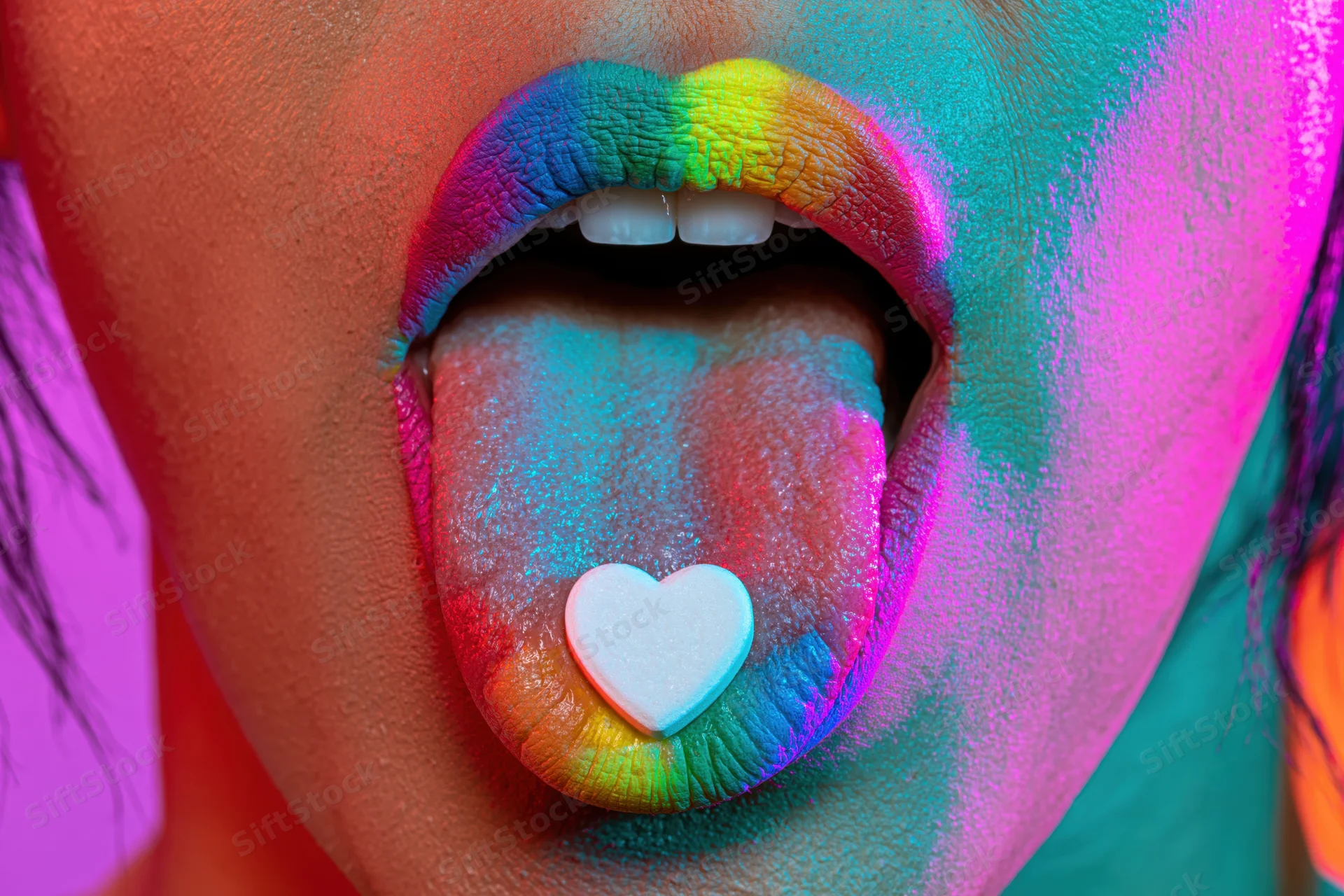 Woman with open mouth and extended tongue holding a heart-shaped candy, face painted in rainbow colors