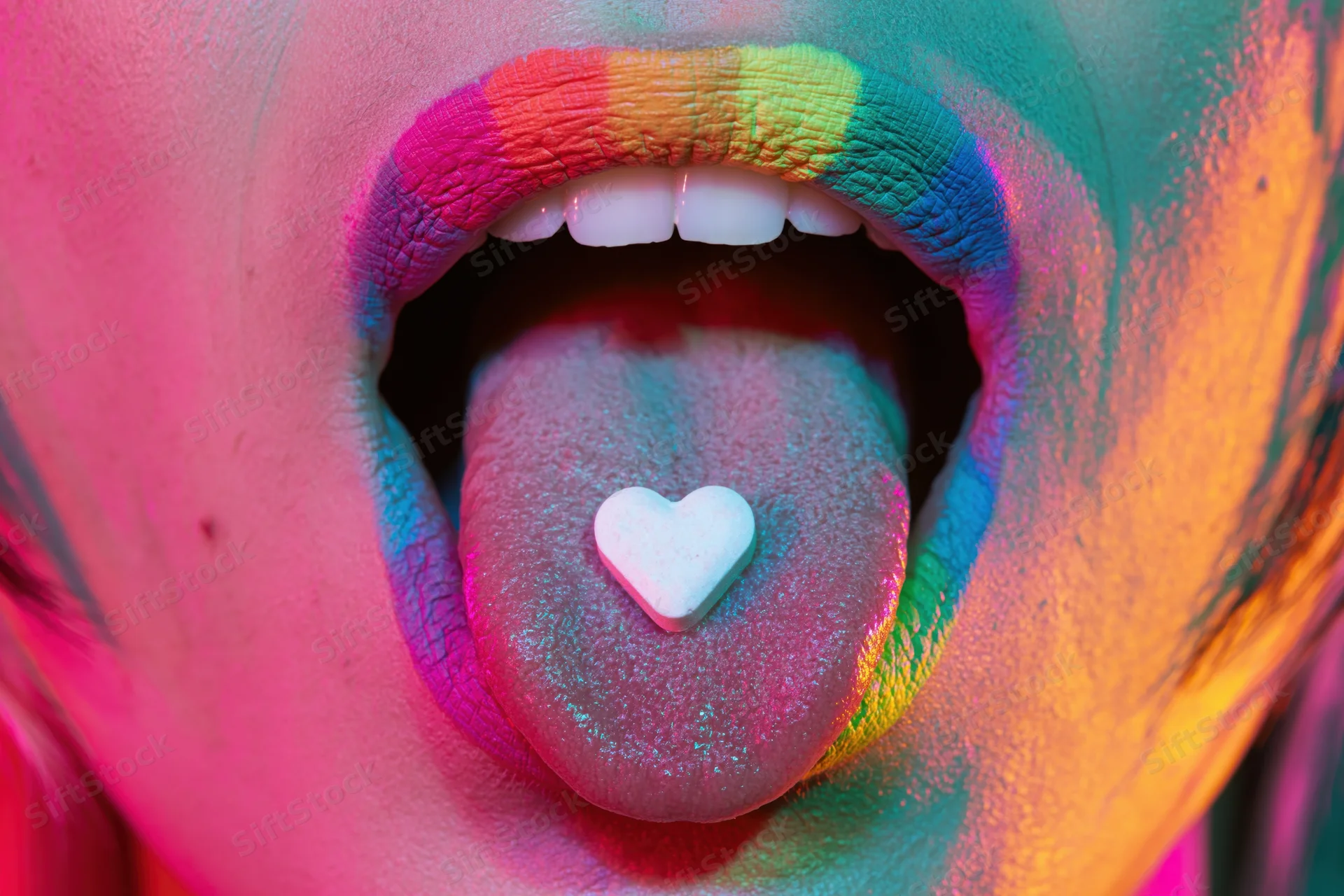 Woman with open mouth and extended tongue holding heart-shaped candy, face covered in colorful powder